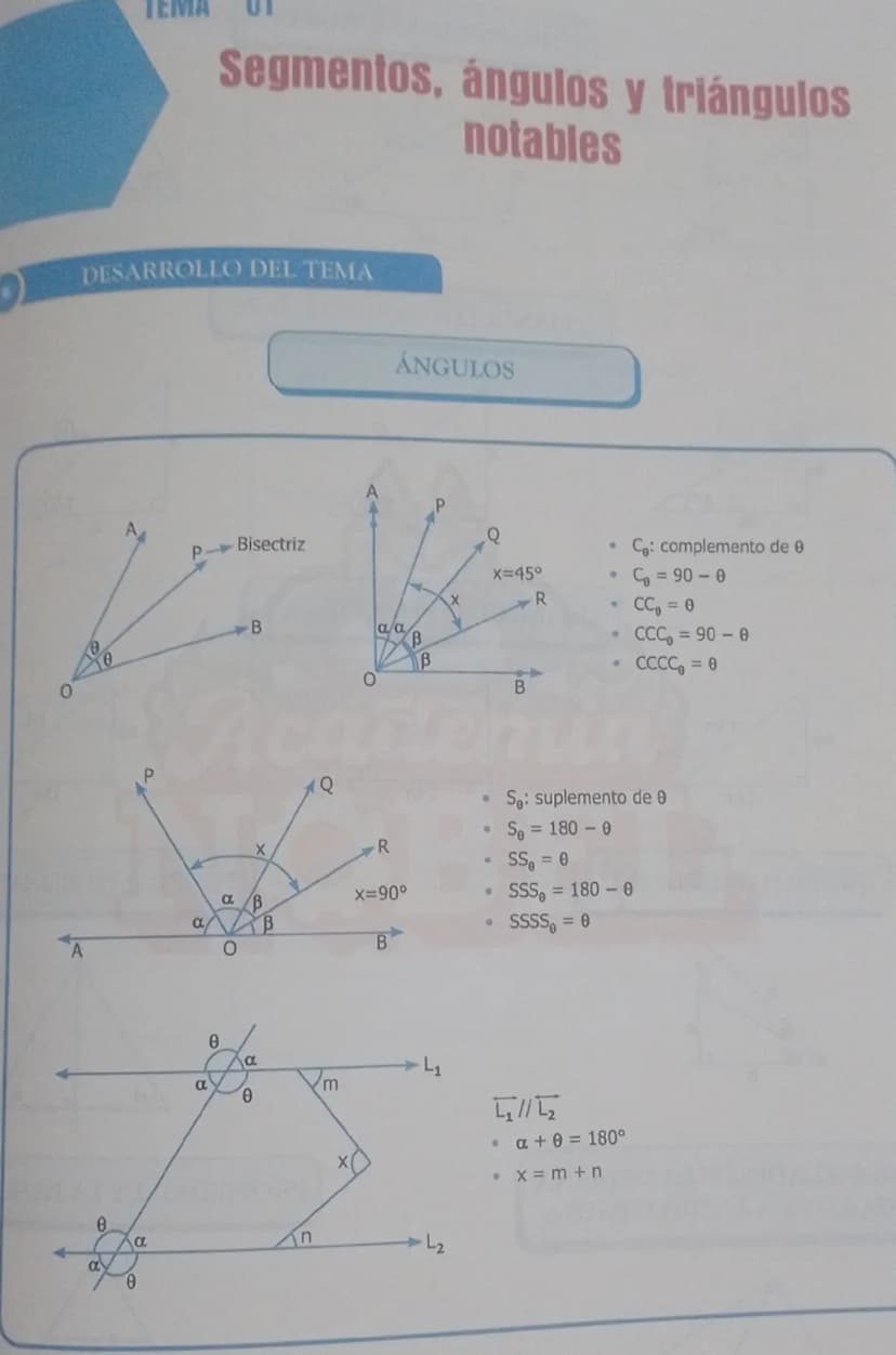Segmentos, ángulos y triángulos
notables
DESARROLLO DEL TEMA
ANGULOS
P
Bisectriz
B
0
ανα
B
B
x
Q
X=45°
B
•
Co: complemento de
•
R
C=90-0
CC₁