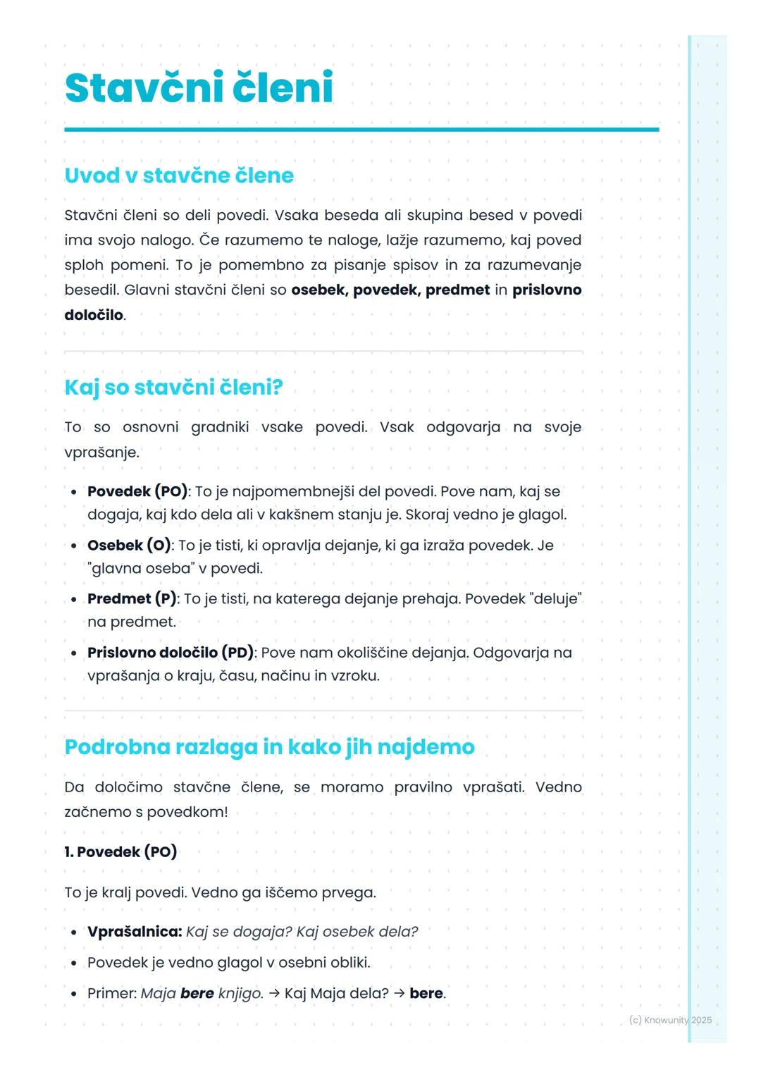 # Stavčni členi

Uvod v stavčne člene

Stavčni členi so deli povedi. Vsaka beseda ali skupina besed v povedi
ima svojo nalogo. Če razumemo t