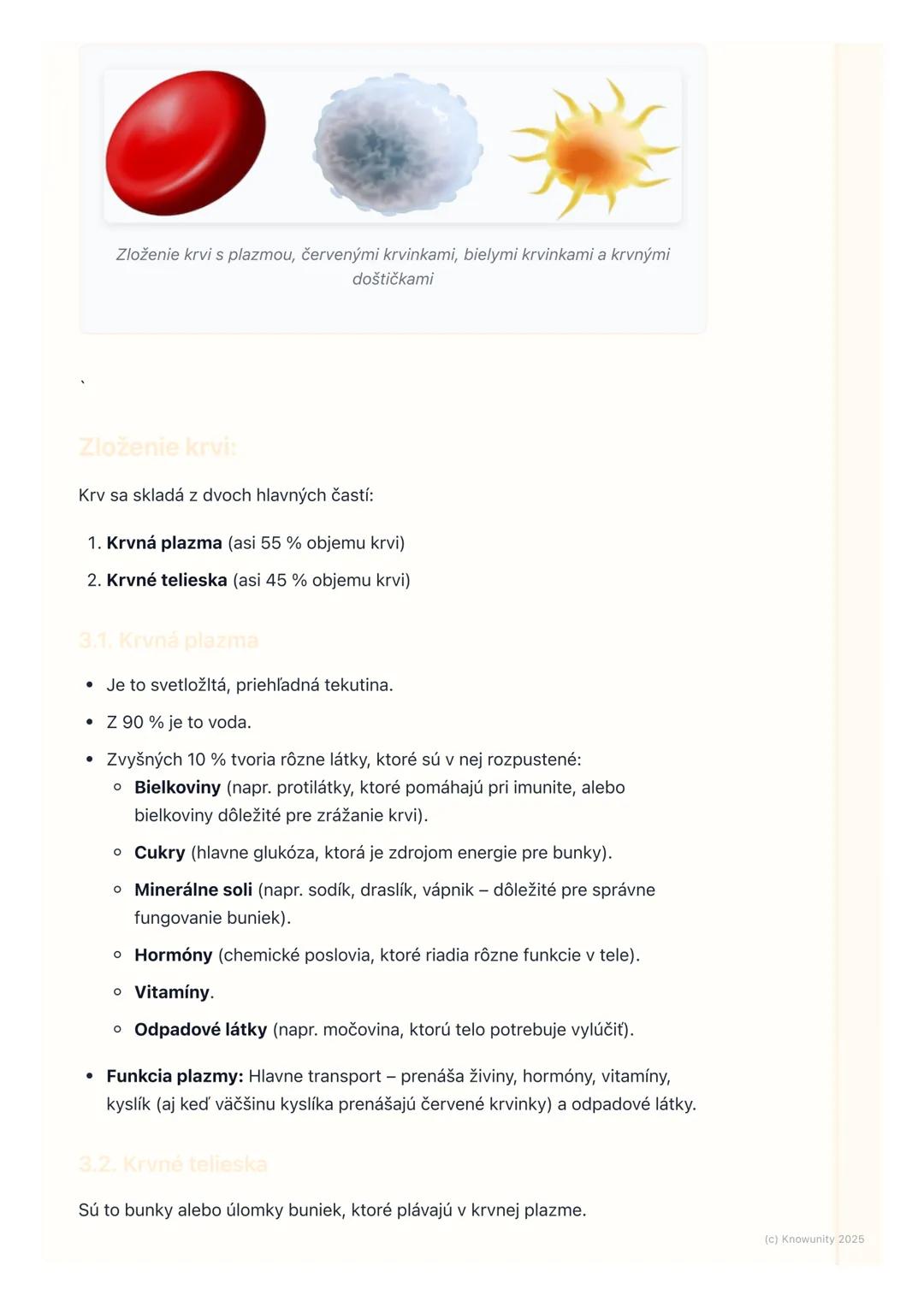 # Krv a jej zložky

1. Úvod do krvi a jej zložiek

Krv je super dôležitá tekutina v našom tele. Je to vlastne taká "diaľnica", ktorá
rozváža