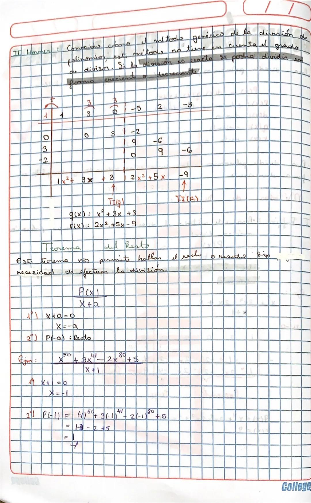 # DIVISION DE POLINOMIOS

- Para divider polinomios, se basará en el algoritmo Euclidlamo

$P(x) = d(x) q(x) + r(x)$

$P(X)$: polinomio (div
