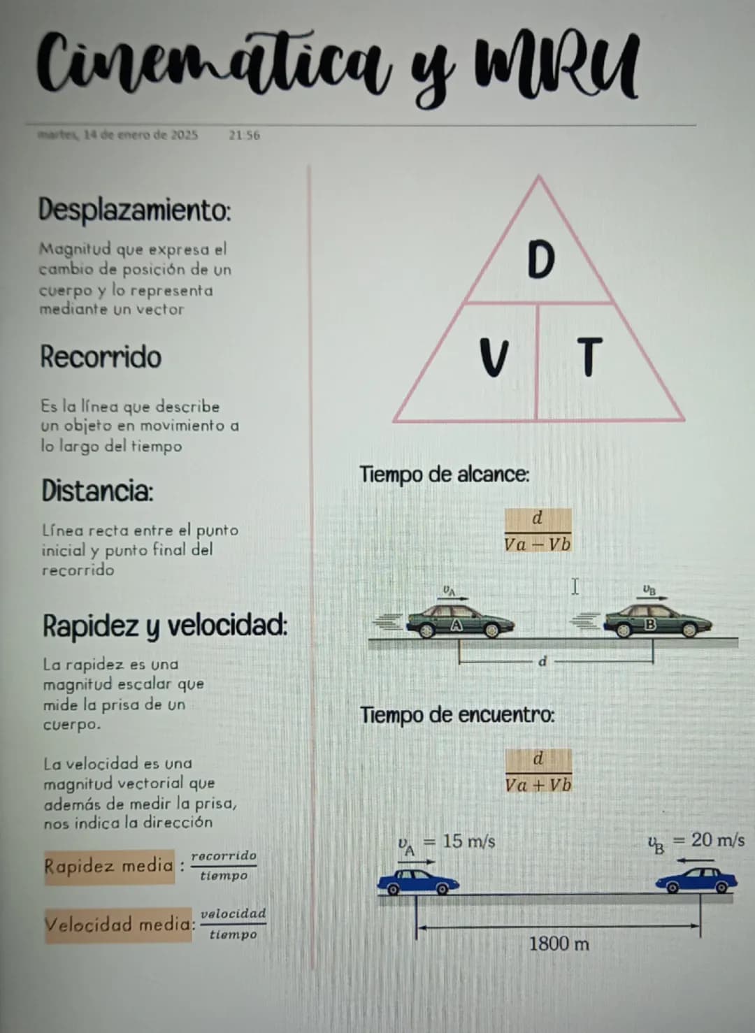 Cinemática y MRU
martes, 14 de enero de 2025 21:56
Desplazamiento:
Magnitud que expresa el
cambio de posición de un
cuerpo y lo representa
m