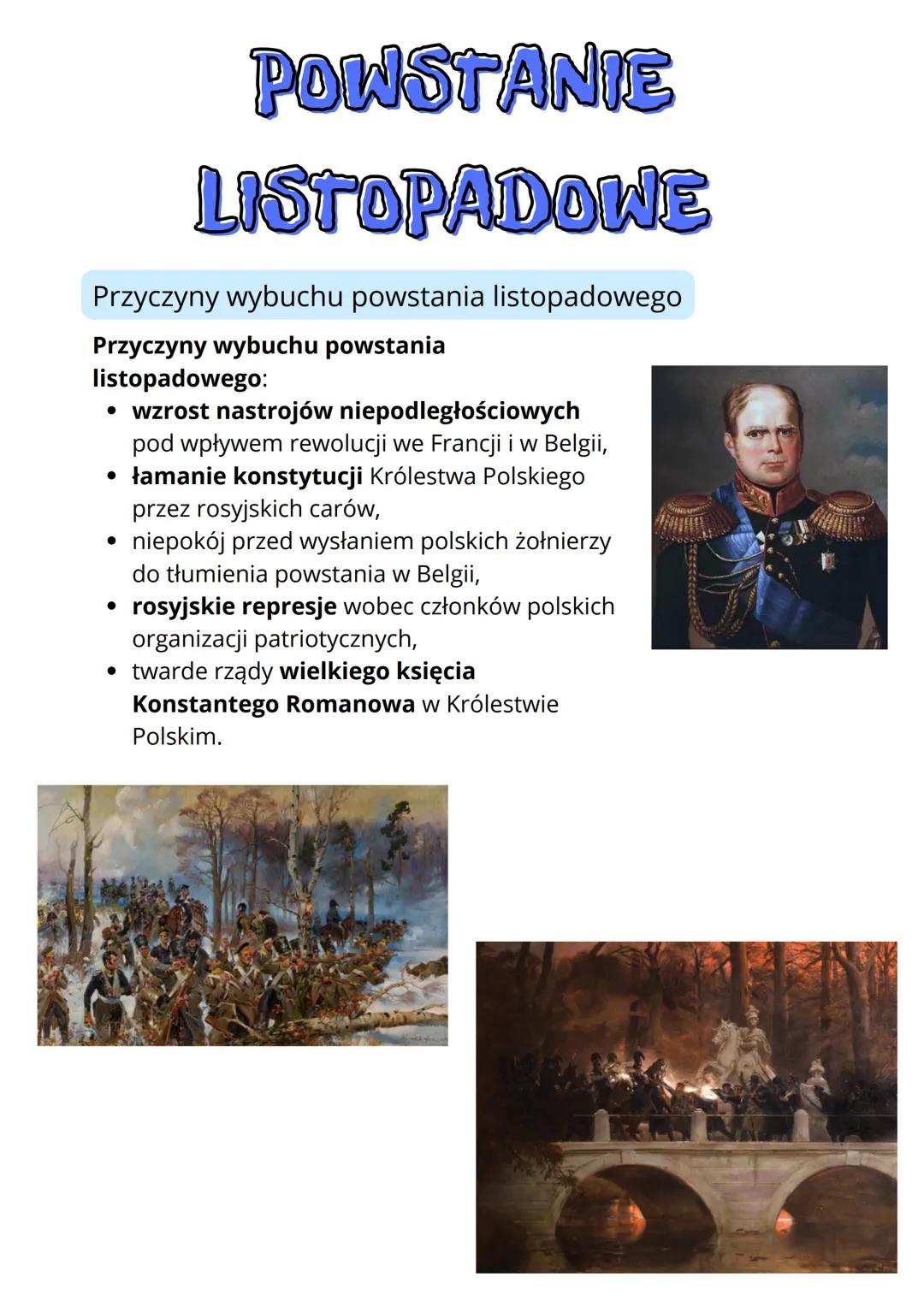 # POWSTANIE

# LISTOPADOWE

Przyczyny wybuchu powstania listopadowego

Przyczyny wybuchu powstania
listopadowego:

*   wzrost nastrojów niep