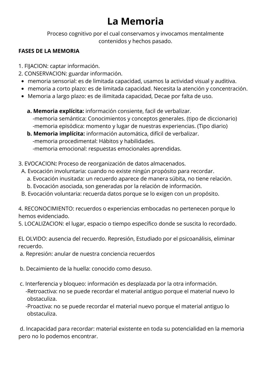 # La Memoria

Proceso cognitivo por el cual conservamos y invocamos mentalmente
contenidos y hechos pasado.

FASES DE LA MEMORIA

1. FIJACIO