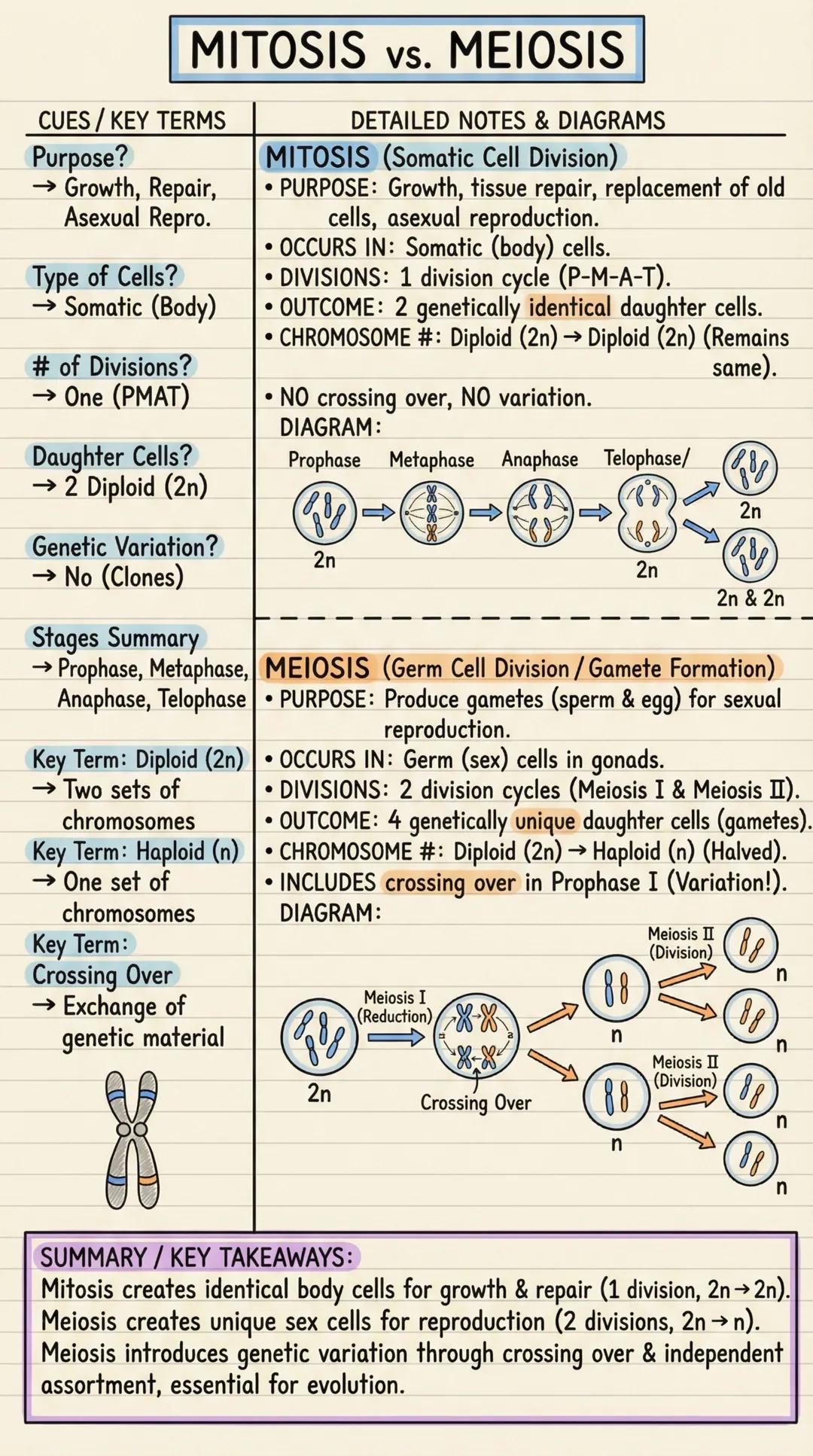 # MITOSIS vs. MEIOSIS

CUES/KEY TERMS
Purpose?
→ Growth, Repair,
Asexual Repro.

Type of Cells?
→ Somatic (Body)

# of Divisions?
→ One (PMA