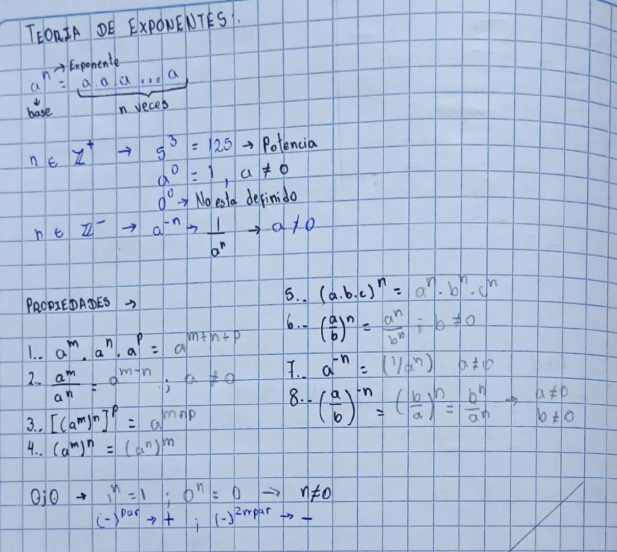 # TEORÍA DE EXPONENTES:

$a^n \rightarrow exponente$
$\downarrow$
$a \rightarrow base$  $a.a.a...a$
$n veces$

n $\in$ $\mathbb{Z}^+ \righta
