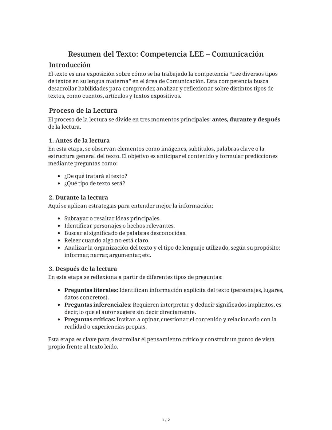 Resumen del Texto: Competencia LEE - Comunicación
Introducción
El texto es una exposición sobre cómo se ha trabajado la competencia "Lee div