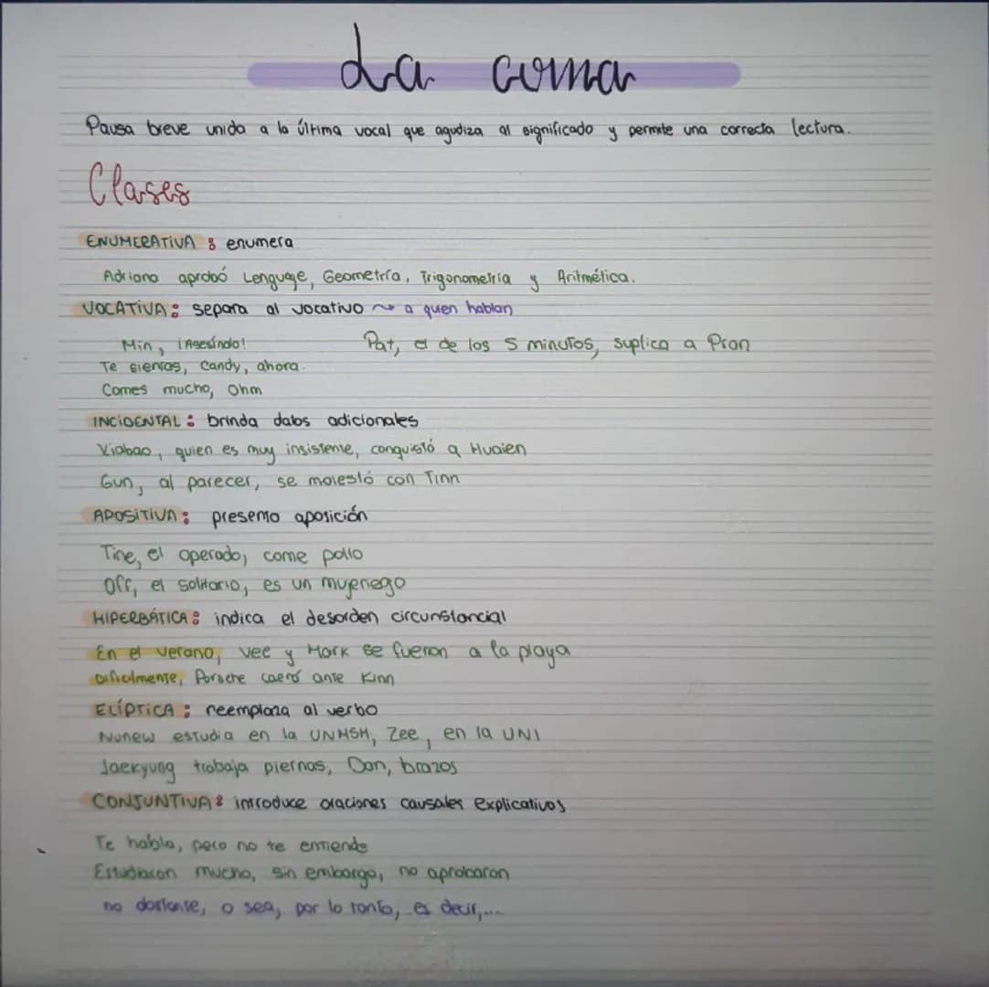 La
coma
Pausa breve unida a la última vocal que agudiza al significado y permite una correcta lectura.
Clases
ENUMERATIVA : enumera
Adriana 