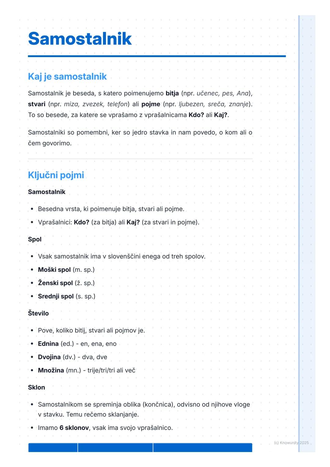 # Samostalnik

Kaj je samostalnik

Samostalnik je beseda, s katero poimenujemo bitja (npr. učenec, pes, Ana),
stvari (npr. miza, zvezek, tel