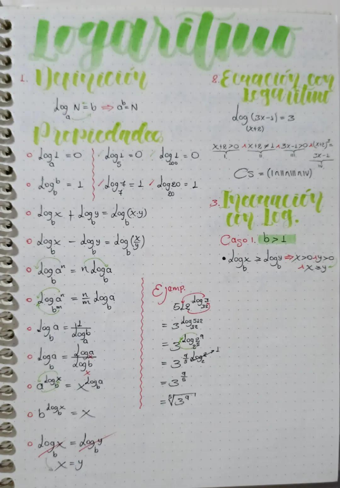 # Logaritmo

1. Deqinición

$Log N=b \Rightarrow a^b=N$

Propiedadcas

*   $Log_a 1 = 0$  }/ $Log_5 1 = 0$ / $Log_{100} 1 = 0$

*   $Log_b b
