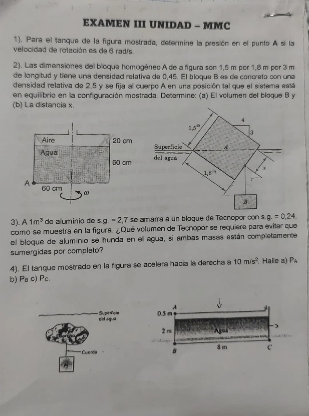 EXAMEN III UNIDAD - MMC
1). Para el tanque de la figura mostrada, determine la presión en el punto A si la
velocidad de rotación es de 6 rad
