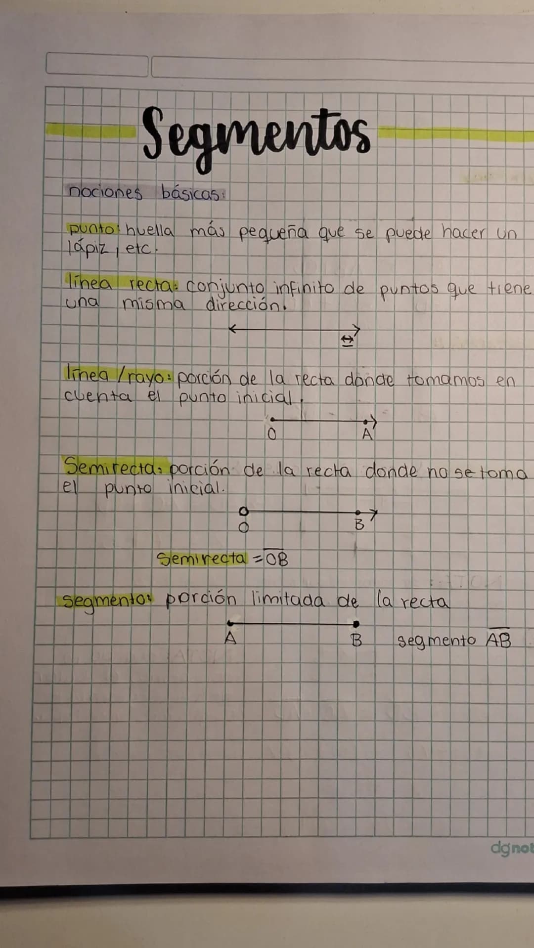 Segmentos
nociones básicas
punto: huella más pequeña que se puede hacer un
lápiz, etc.
linea recta: conjunto infinito de puntos que tiene.
u