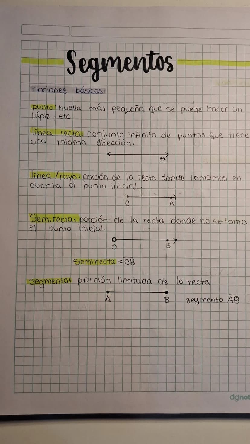 Segmentos
nociones básicas
punto: huella más pequeña que se puede hacer un
lápiz, etc.
linea recta: conjunto infinito de puntos que tiene.
u