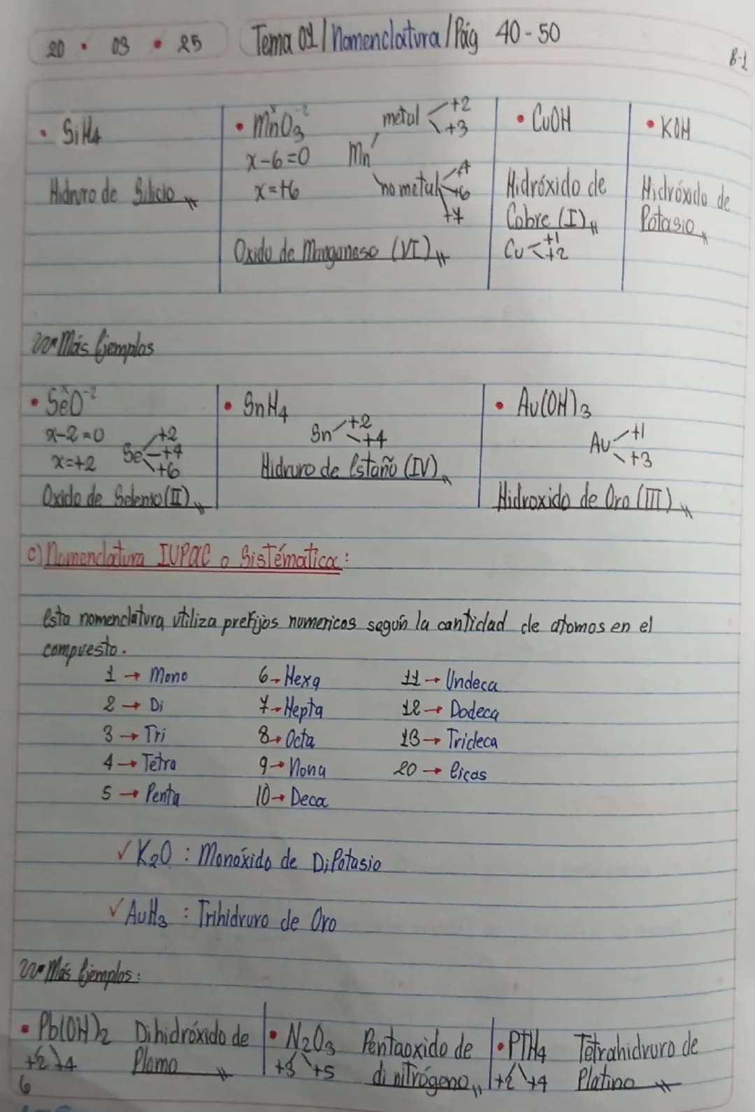 --- OCR Start ---
. 
03
25
Tema 01 | Nomenclatura I Pay 40-50
B-1
• 304: Bn la mayoria de compuestos, el oxigeno actua como estado de oxidac