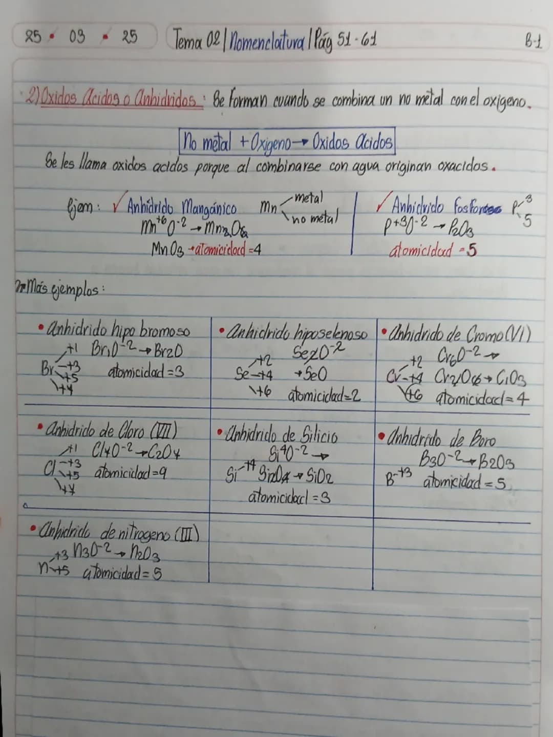 --- OCR Start ---
. 
03
25
Tema 01 | Nomenclatura I Pay 40-50
B-1
• 304: Bn la mayoria de compuestos, el oxigeno actua como estado de oxidac