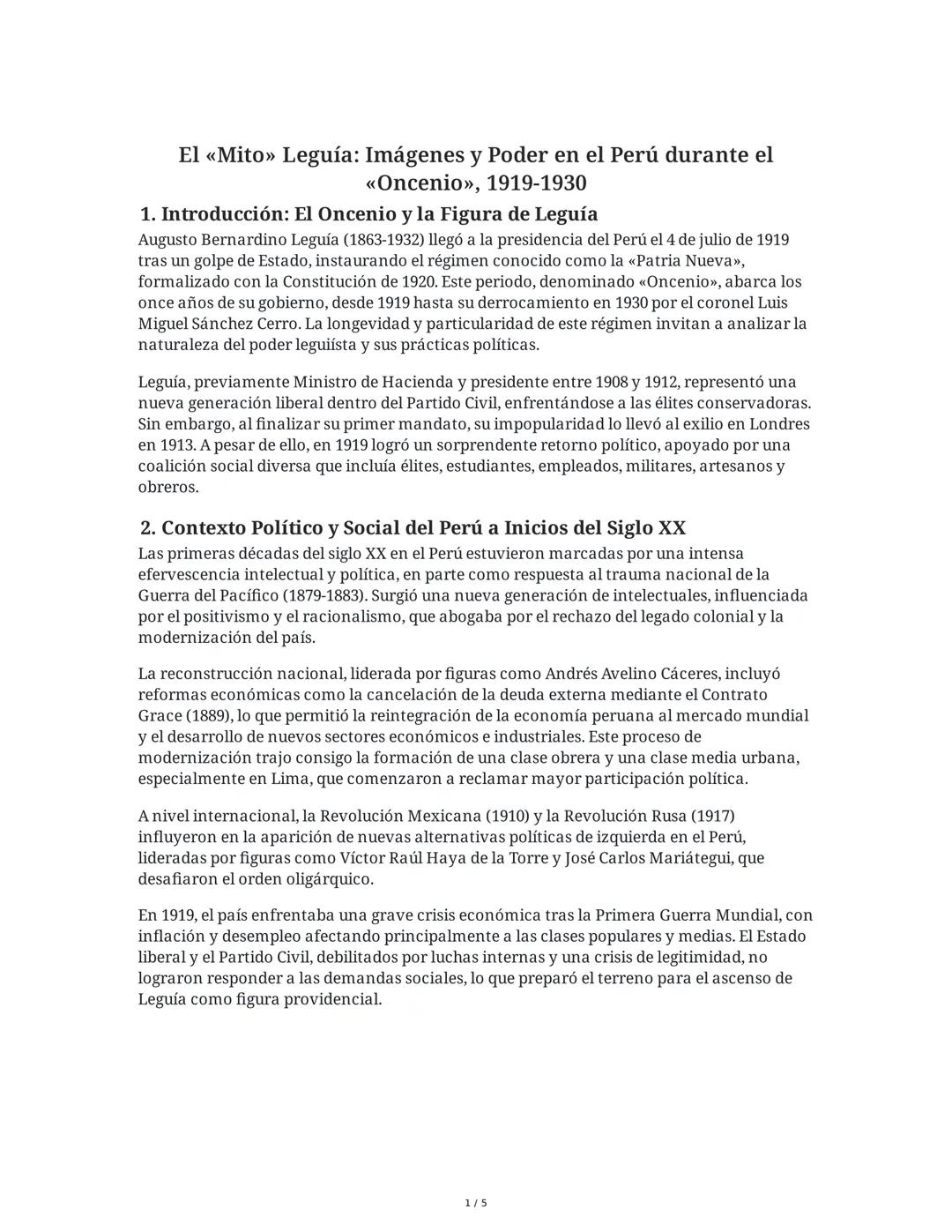 El <<Mito>>> Leguía: Imágenes y Poder en el Perú durante el
<<<Oncenio», 1919-1930

1. Introducción: El Oncenio y la Figura de Leguía
August