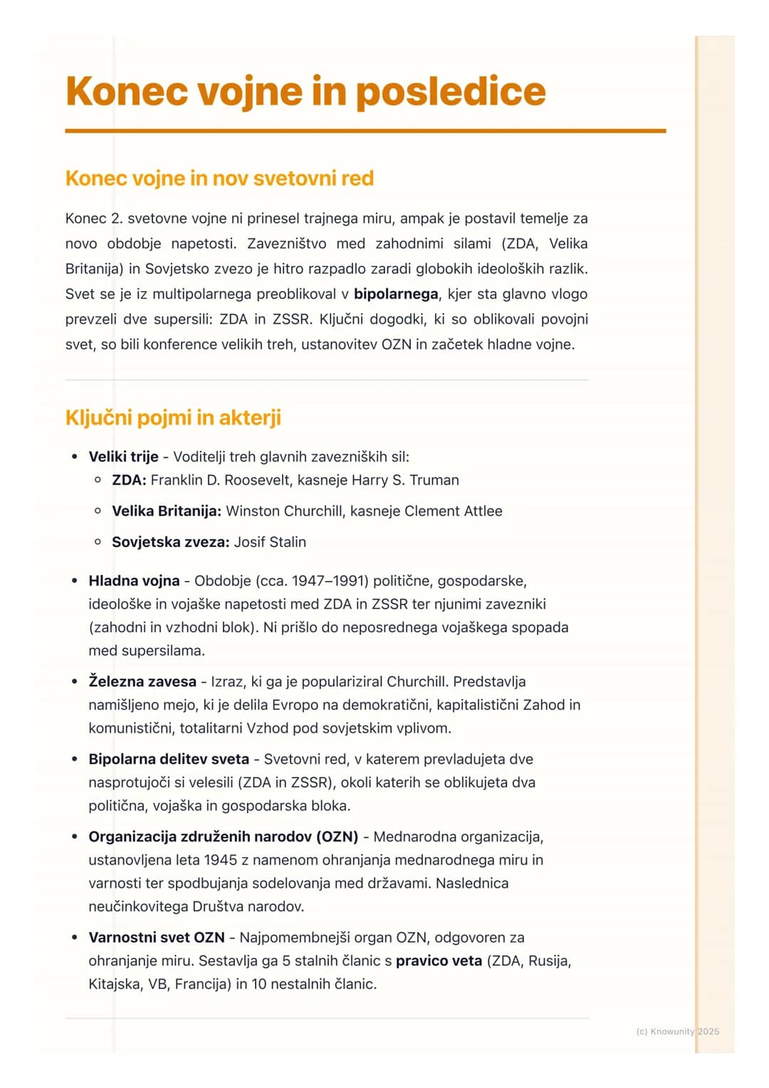 # Konec vojne in posledice

Konec vojne in nov svetovni red

Konec 2. svetovne vojne ni prinesel trajnega miru, ampak je postavil temelje za