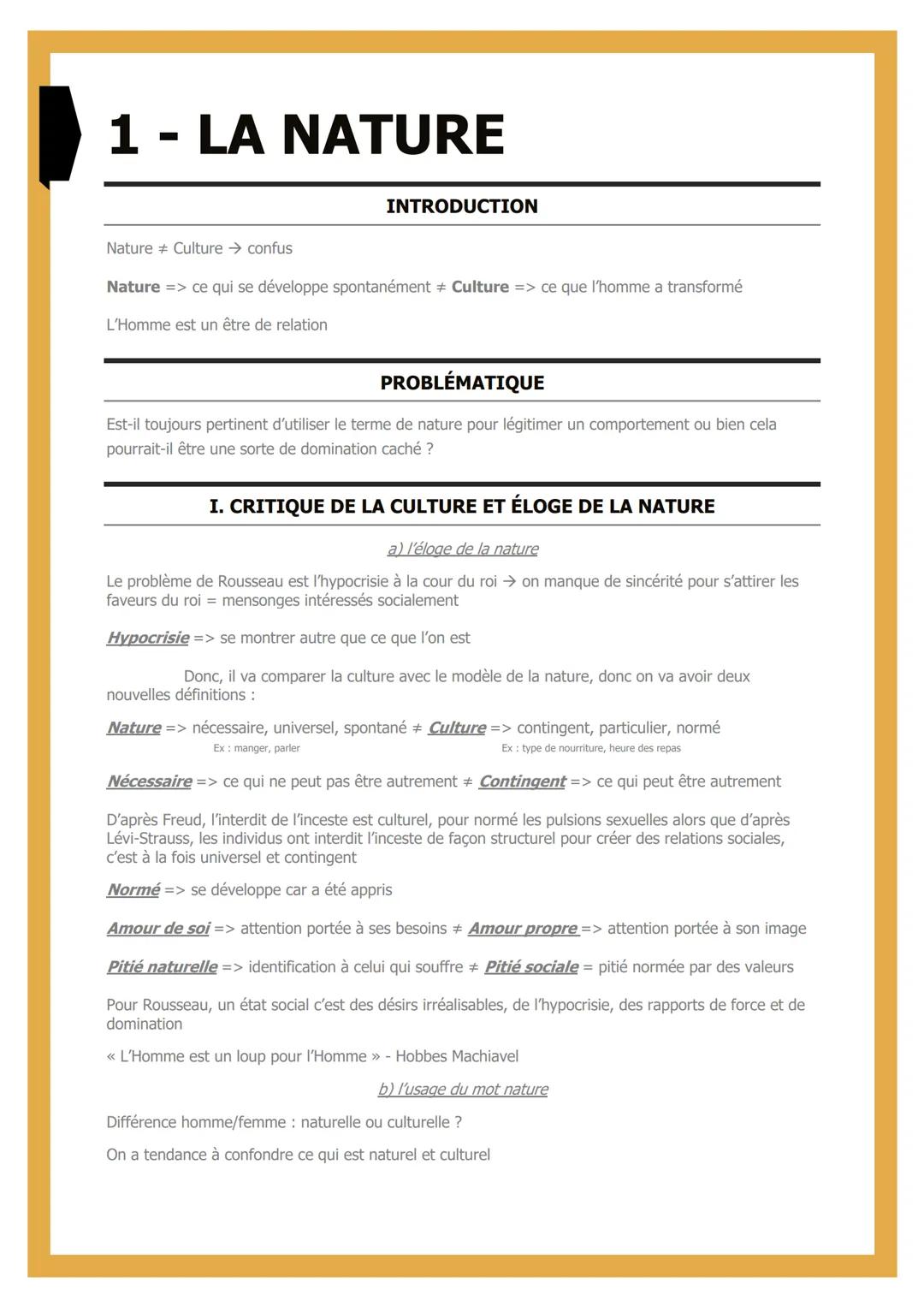 # 1 - LA NATURE

INTRODUCTION

Nature Culture → confus

Nature => ce qui se développe spontanément + Culture => ce que l'homme a transformé
