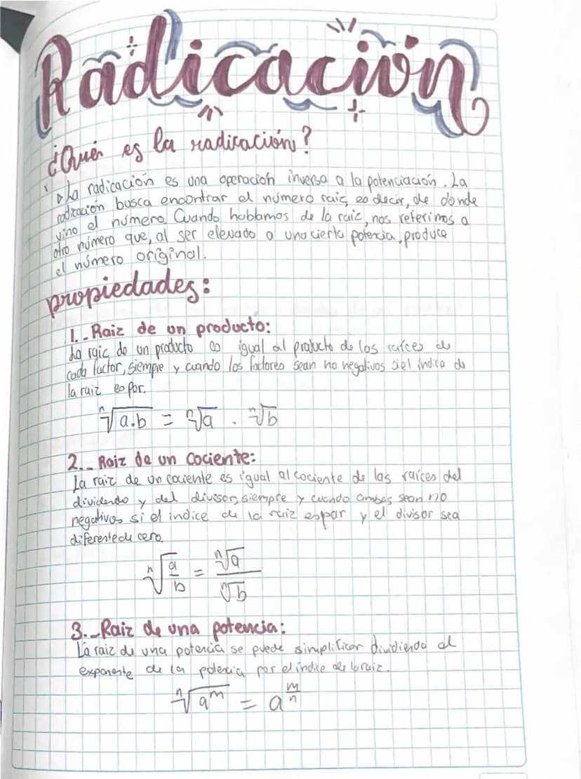 --- OCR Start ---
Radicacion
¿Que es la radicación?
tha radicación es una operación inversa a la potenciación. La
roditacion busca encontrar
