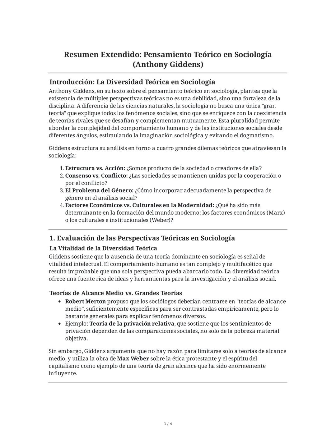 Resumen Extendido: Pensamiento Teórico en Sociología
(Anthony Giddens)
Introducción: La Diversidad Teórica en Sociología
Anthony Giddens, en