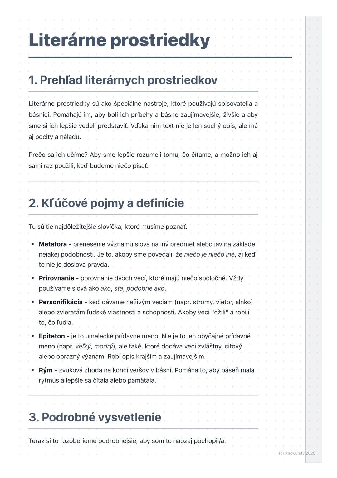 # Literárne prostriedky

1. Prehľad literárnych prostriedkov

Literárne prostriedky sú ako špeciálne nástroje, ktoré používajú spisovatelia 