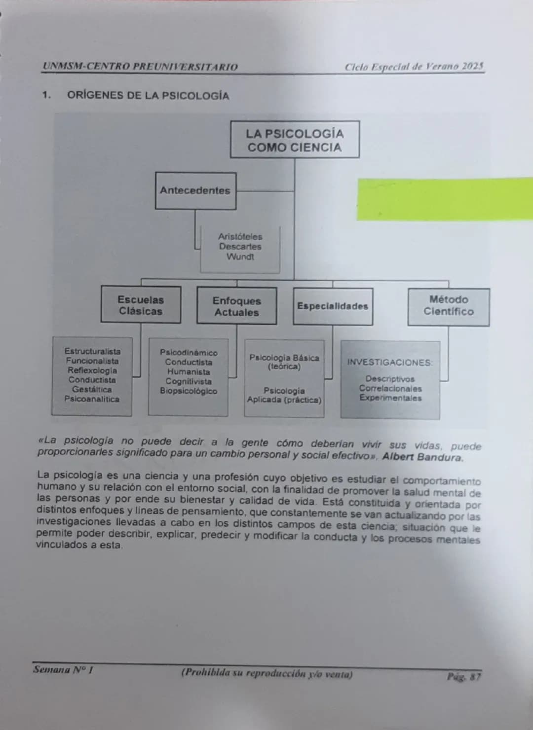 --- OCR Start ---
UNMSM-CENTRO PREUNIVERSITARIO
1. ORÍGENES DE LA PSICOLOGÍA
LA PSICOLOGÍA
COMO CIENCIA
Antecedentes
Escuelas
Clásicas
Arist