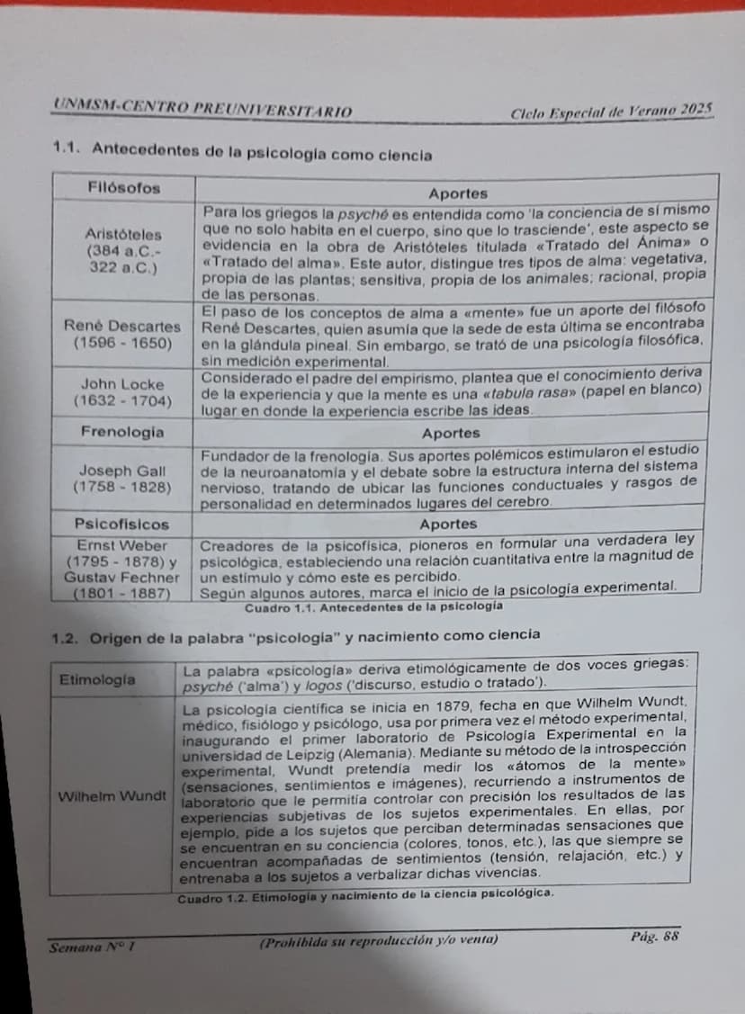 --- OCR Start ---
UNMSM-CENTRO PREUNIVERSITARIO
1. ORÍGENES DE LA PSICOLOGÍA
LA PSICOLOGÍA
COMO CIENCIA
Antecedentes
Escuelas
Clásicas
Arist