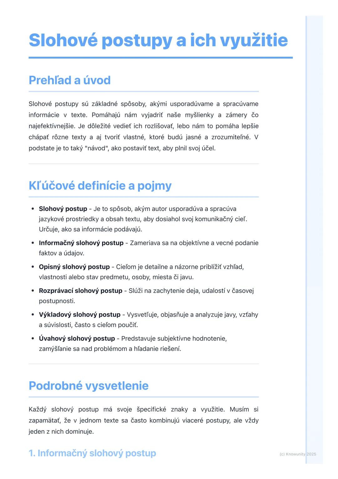 # Slohové postupy a ich využitie

## Prehľad a úvod

Slohové postupy sú základné spôsoby, akými usporadúvame a spracúvame
informácie v texte