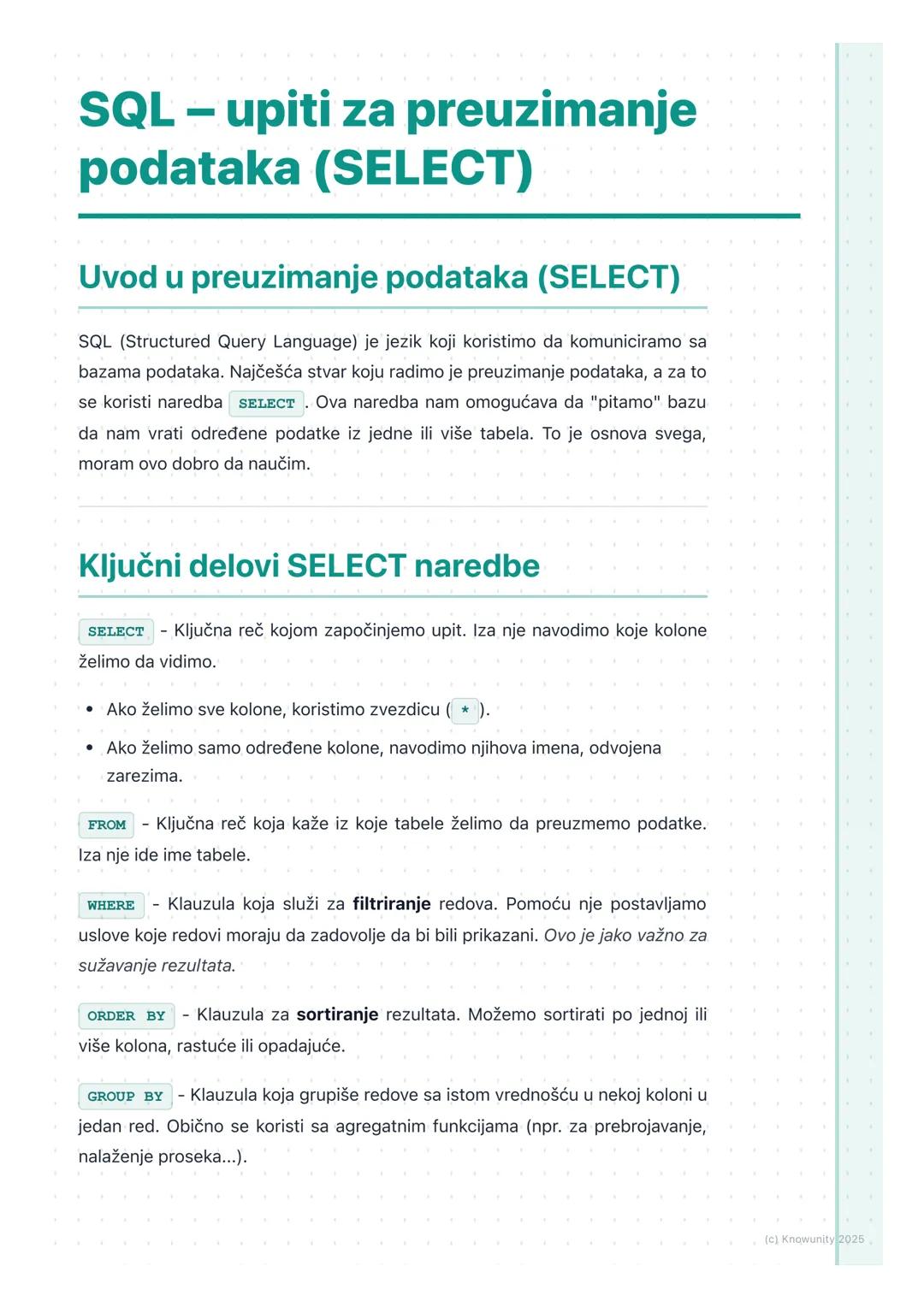 # SQL - upiti za preuzimanje
podataka (SELECT)

Uvod u preuzimanje podataka (SELECT)

SQL (Structured Query Language) je jezik koji koristim