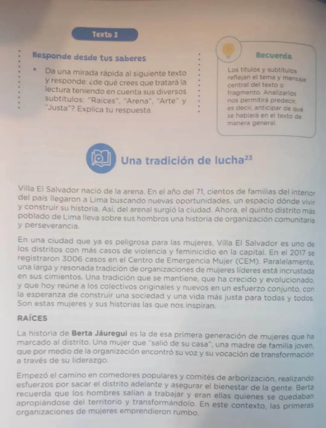Texto 2
Responde desde tus saberes
•
Da una mirada rápida al siguiente texto
y responde: ¿de qué crees que tratará la
lectura teniendo en cu