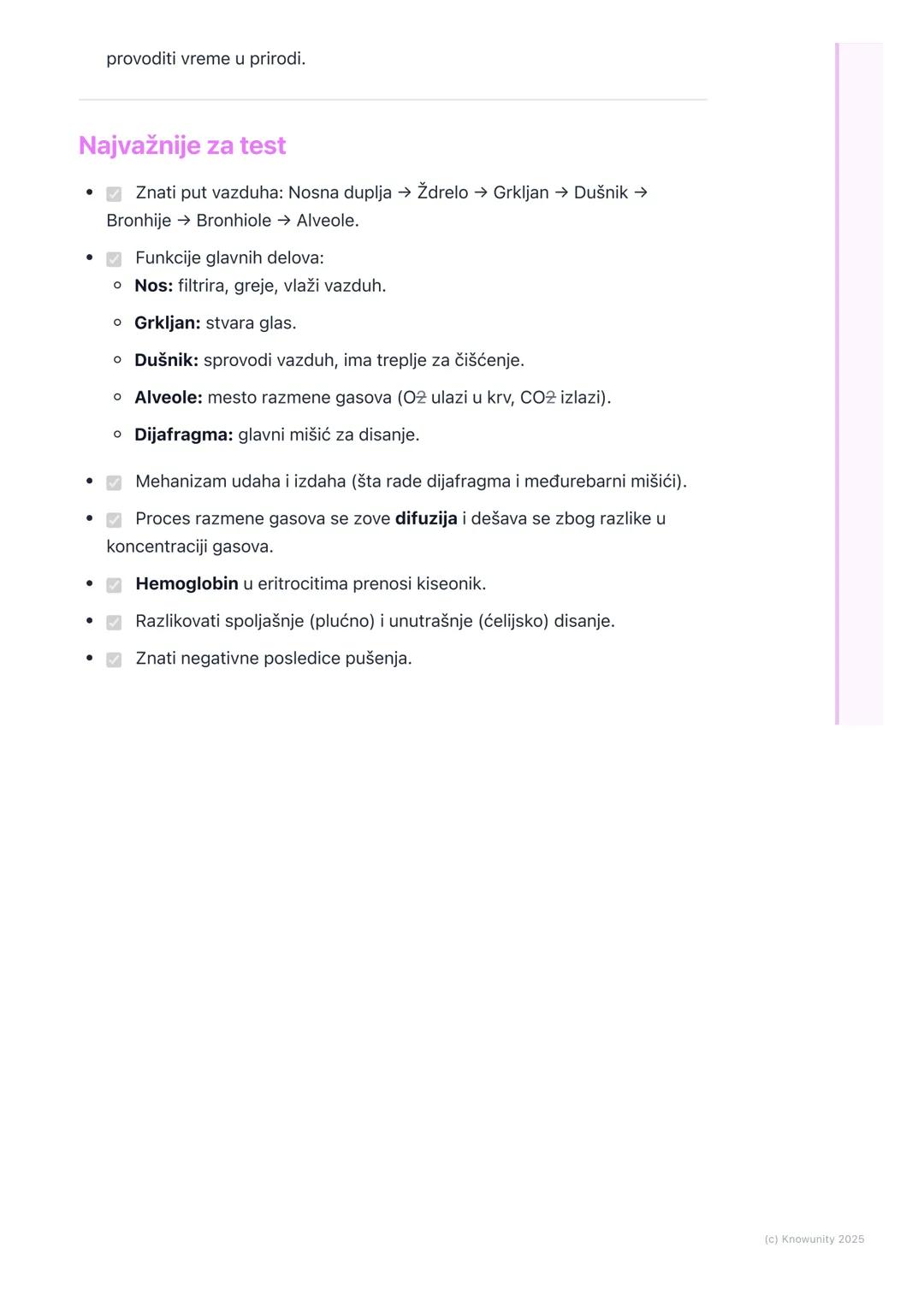 # Sistem za disanje

## Uvod i značaj disanja

Sistem za disanje je ključan za život. Njegov glavni zadatak je da obezbedi
kiseonik (02) za 