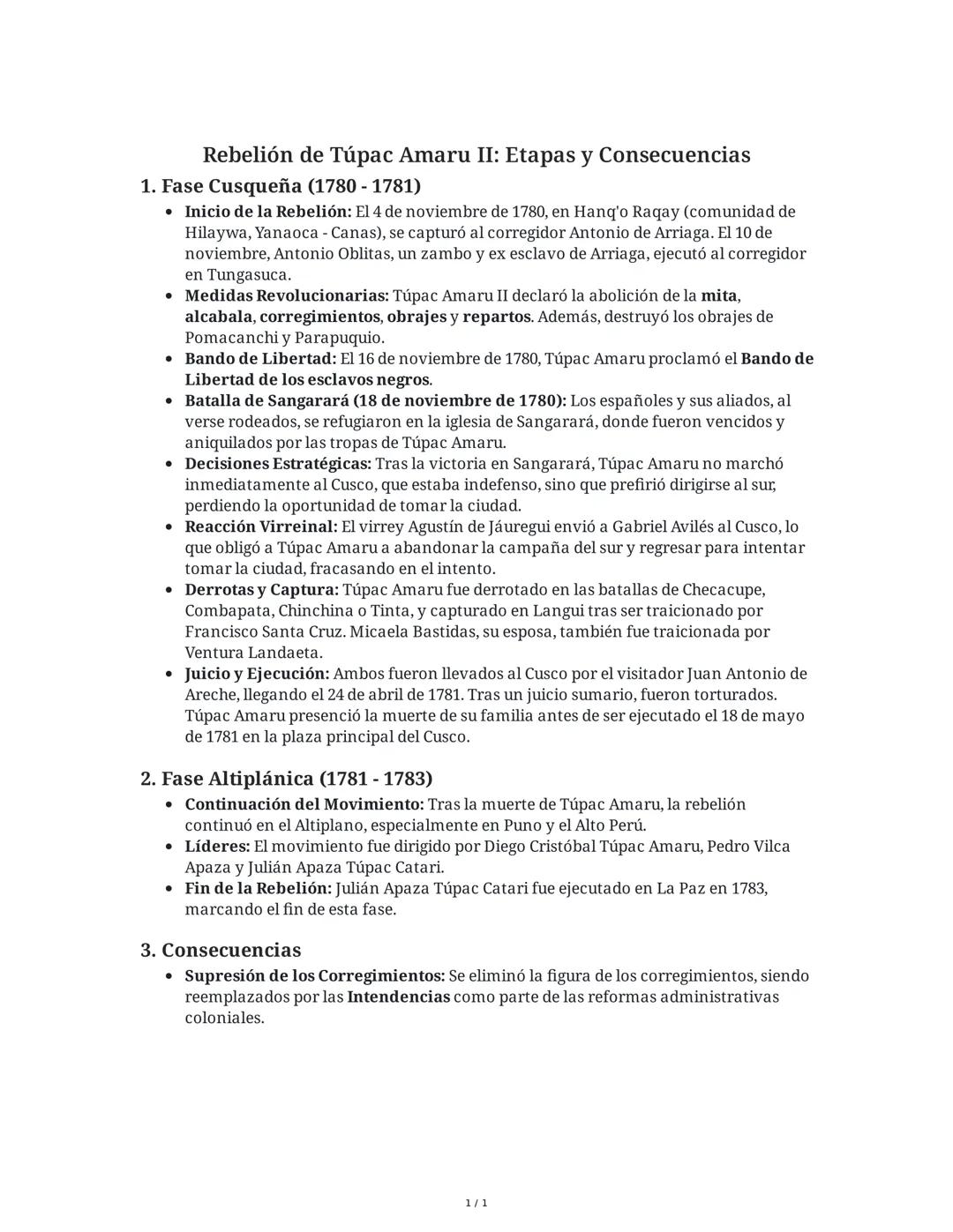 Rebelión de Túpac Amaru II: Etapas y Consecuencias
1. Fase Cusqueña (1780-1781)
• Inicio de la Rebelión: El 4 de noviembre de 1780, en Hanq'