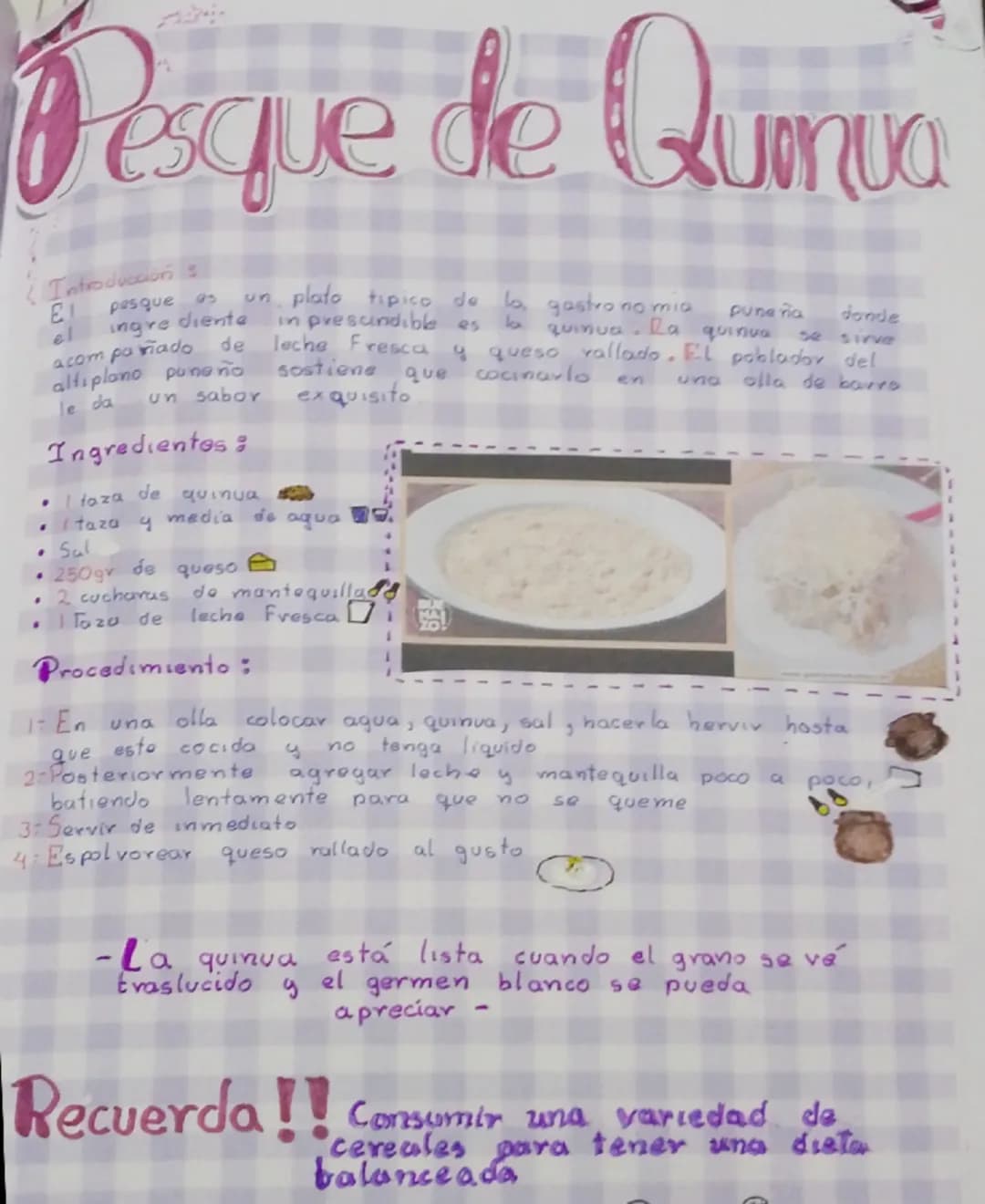 Pesque de Quinua
Introduccions
E1 pesque as
el
ingre diente
un plato tipico de
acom pariado
de
altiplano pune no
le da
un sabor
in prescindi