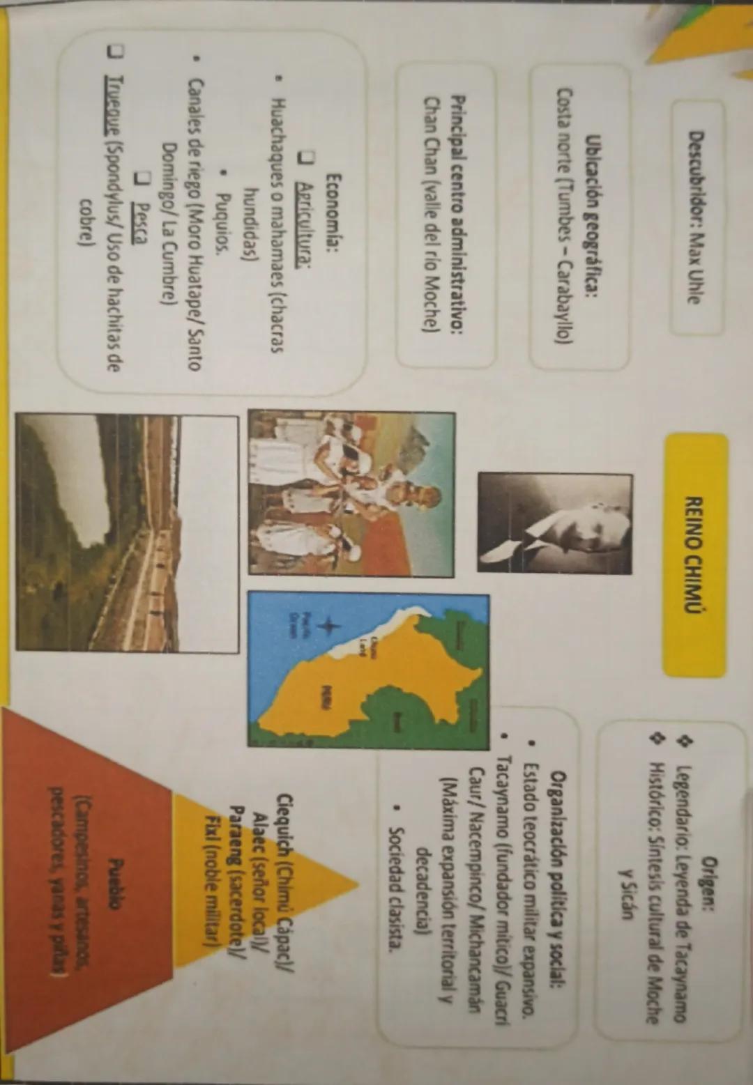 --- OCR Start ---
Descubridor: Max Uhle
Ubicación geográfica:
Costa norte (Tumbes - Carabayllo)
Principal centro administrativo:
Chan Chan (