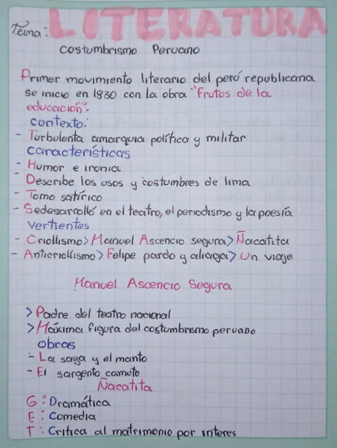 # LITERATURA

Tema:
Costumbrismo Peruano

Primer movimiento literario del peró republicana
se inicio en 1830 con la obra "Frutos de la
educa