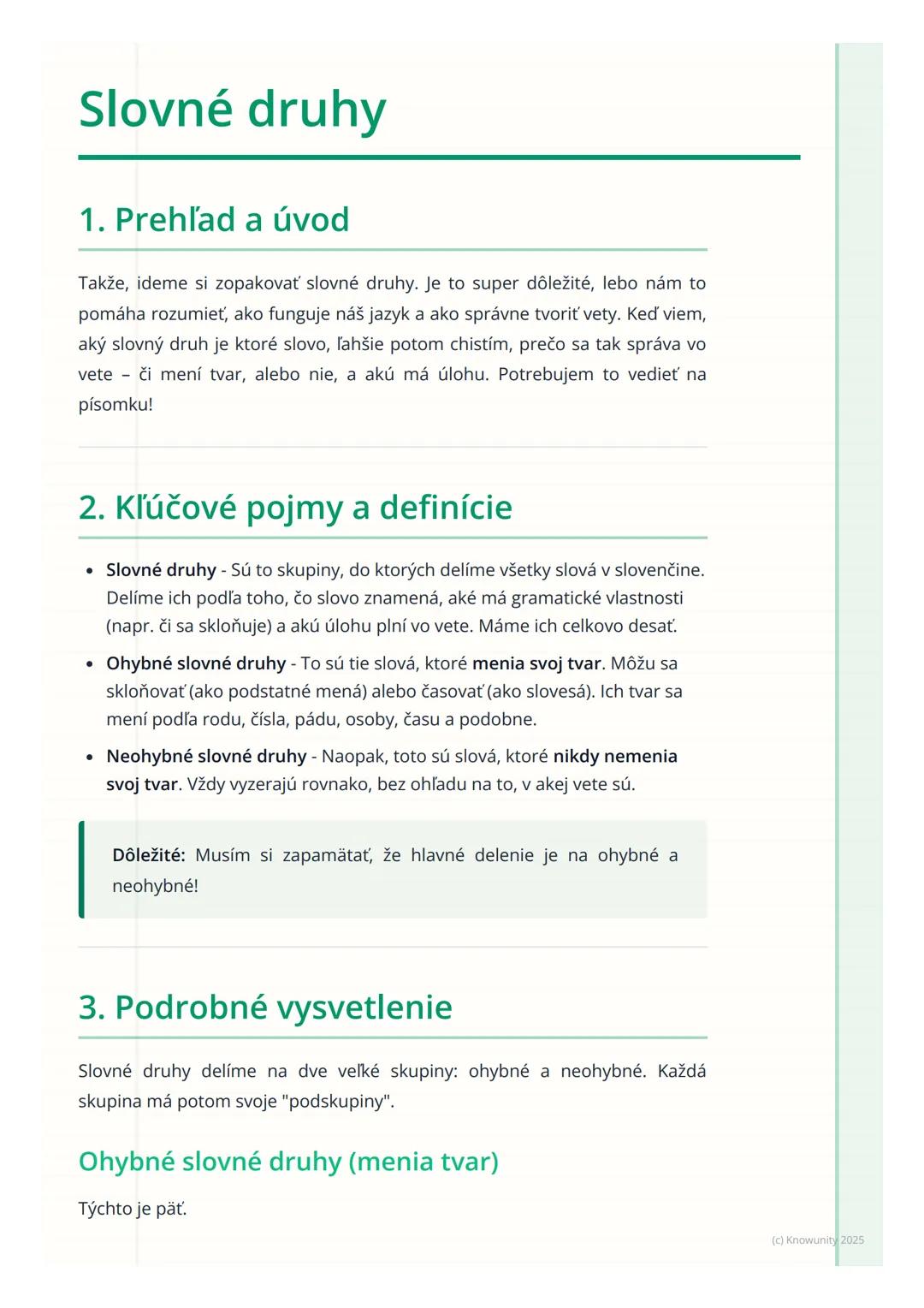 # Slovné druhy

1. Prehľad a úvod

Takže, ideme si zopakovať slovné druhy. Je to super dôležité, lebo nám to
pomáha rozumieť, ako funguje ná