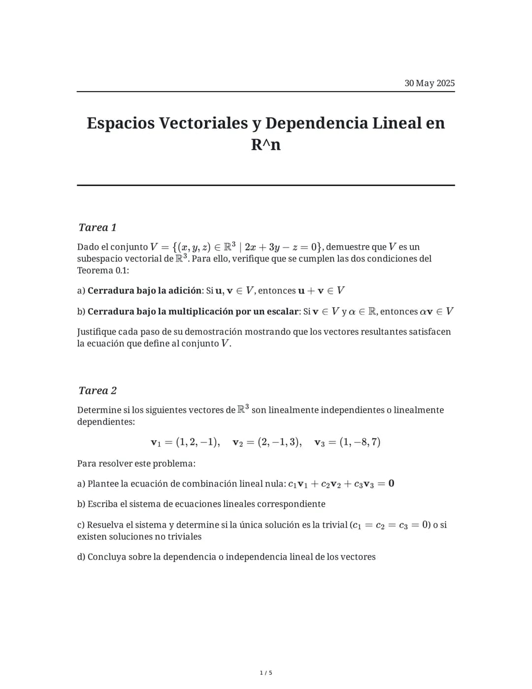 Espacios Vectoriales y Dependencia Lineal en R^n