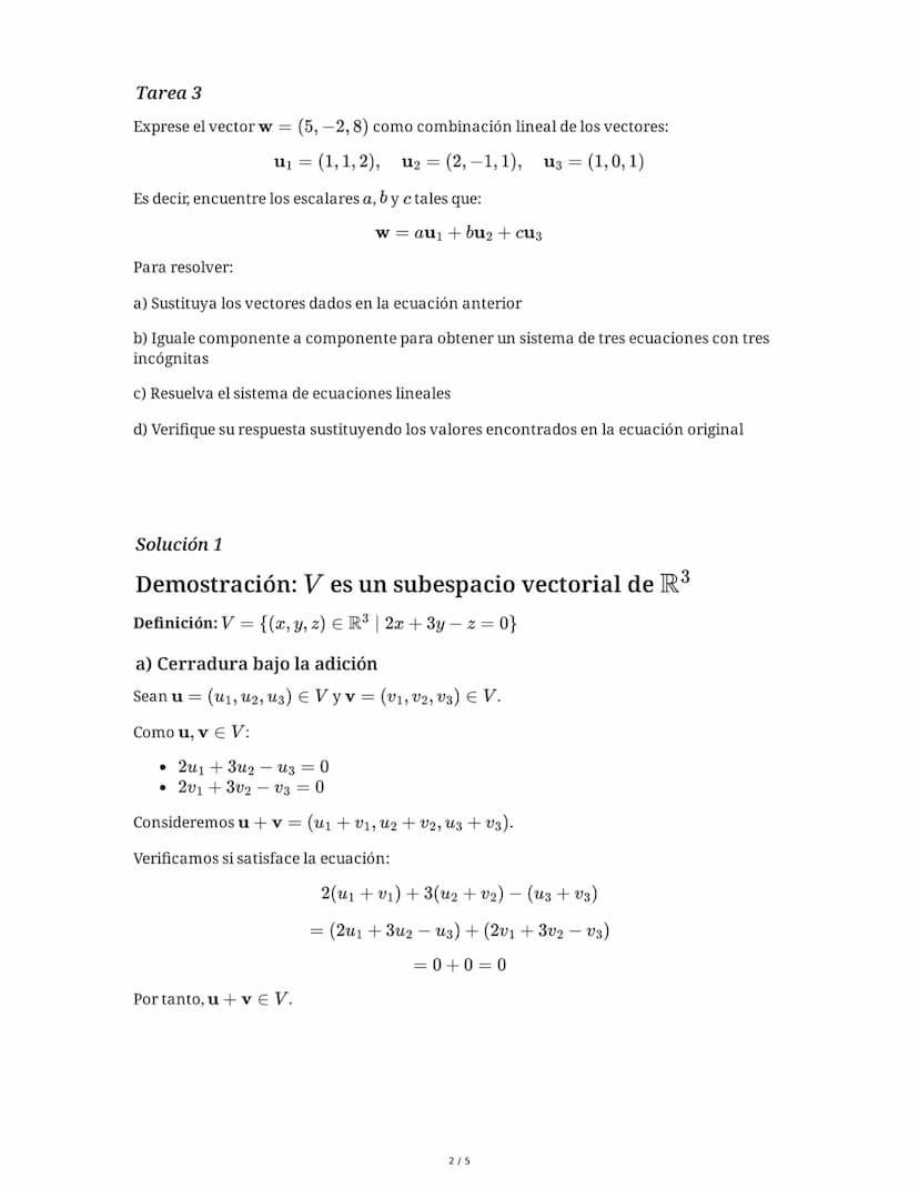 30 May 2025
Espacios Vectoriales y Dependencia Lineal en
R^n
Tarea 1
Dado el conjunto V = {(x, y, z) ∈ R³ | 2x + 3y - z = 0}, demuestre que 