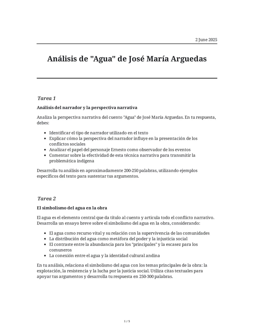 2 June 2025
Análisis de "Agua" de José María Arguedas
Tarea 1
Análisis del narrador y la perspectiva narrativa
Analiza la perspectiva narrat