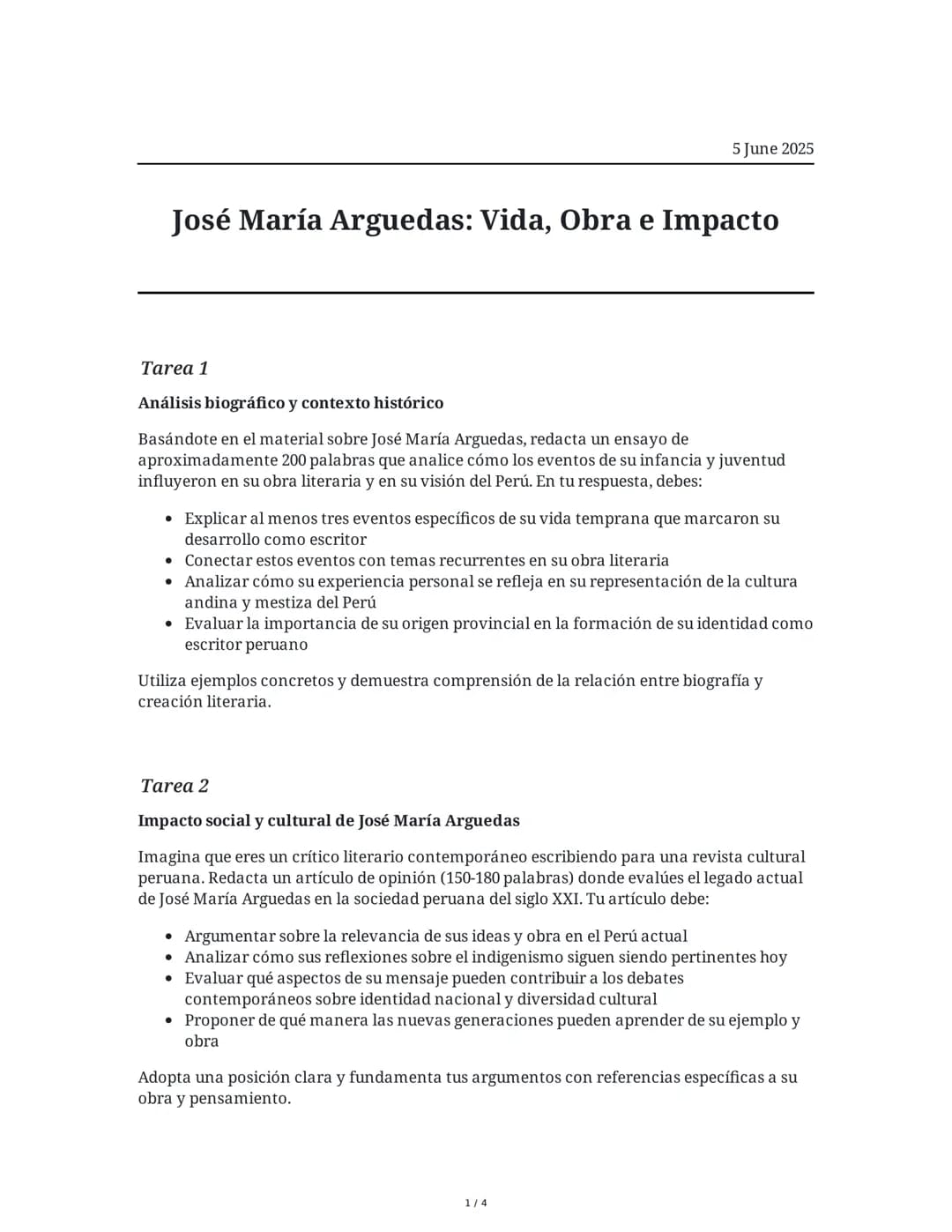 5 June 2025
José María Arguedas: Vida, Obra e Impacto
Tarea 1
Análisis biográfico y contexto histórico
Basándote en el material sobre José M