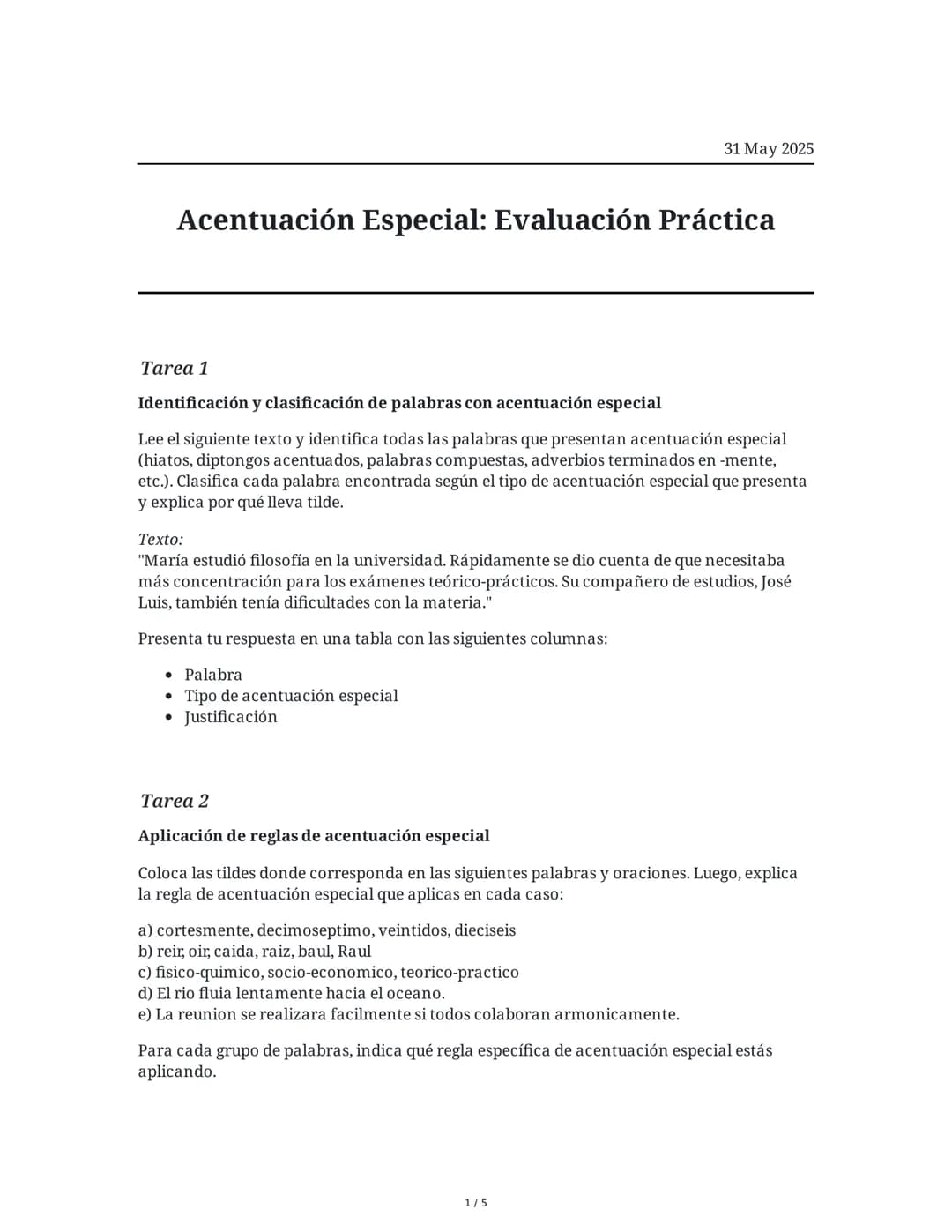 Acentuación Especial: Evaluación Práctica