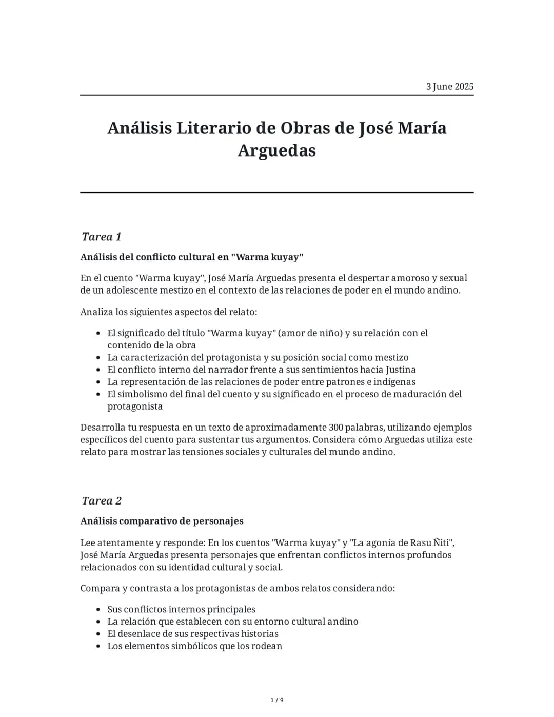 3 June 2025
Análisis Literario de Obras de José María
Arguedas
Tarea 1
Análisis del conflicto cultural en "Warma kuyay"
En el cuento "Warma 