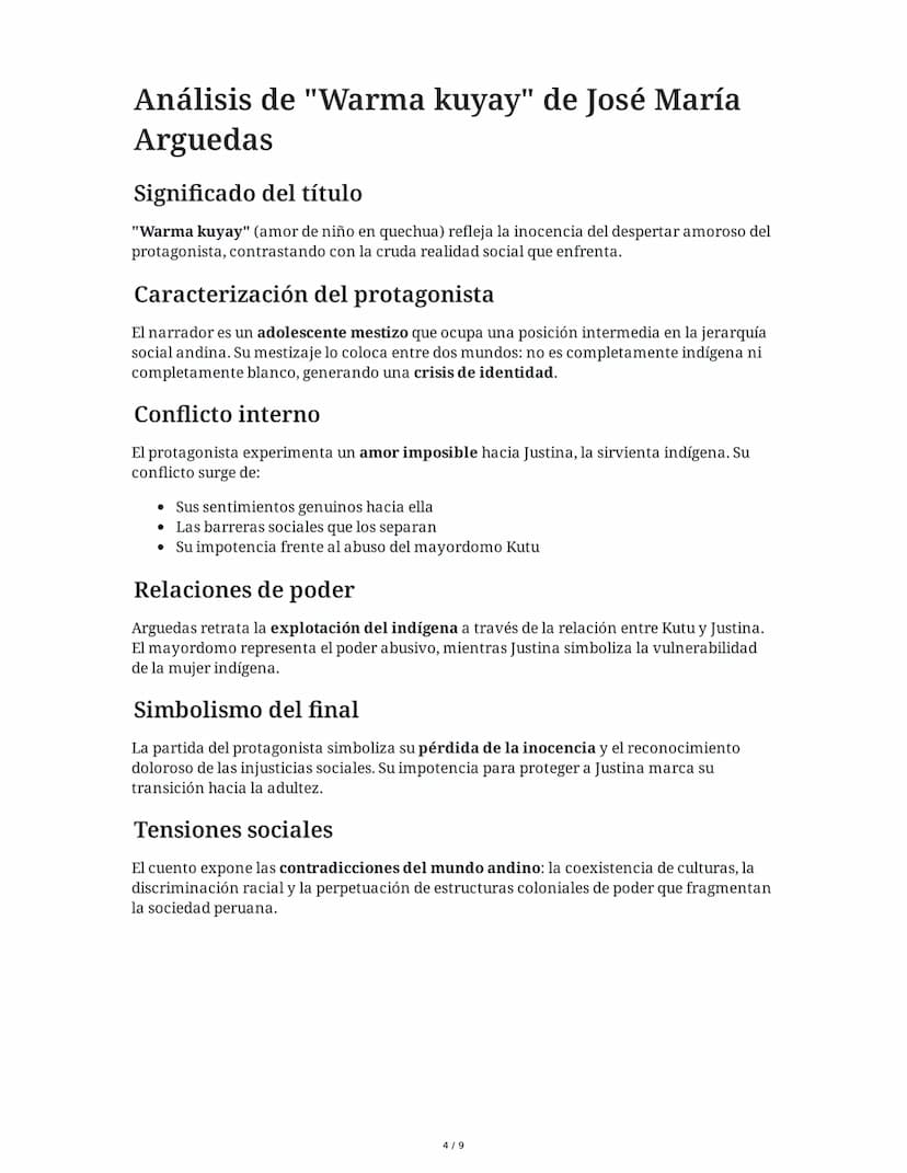 3 June 2025
Análisis Literario de Obras de José María
Arguedas
Tarea 1
Análisis del conflicto cultural en "Warma kuyay"
En el cuento "Warma 
