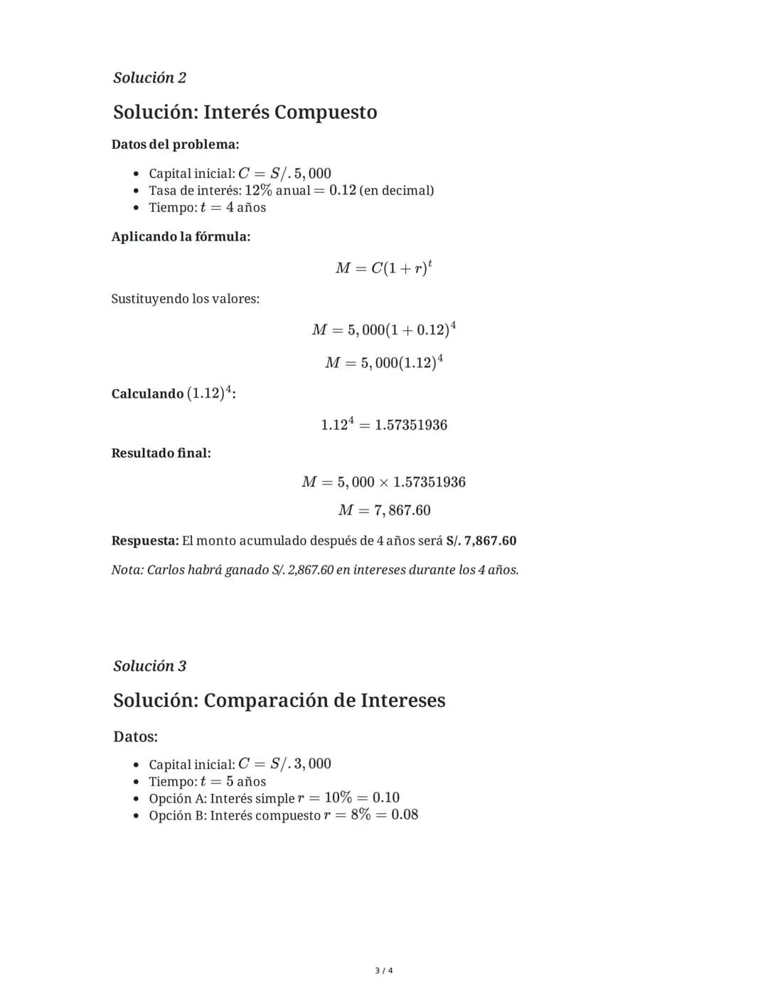 3 June 2025
Cálculo de Interés Simple y Compuesto
Tarea 1
Interés Simple
María deposita S/. 2, 400 en una cuenta de ahorros que ofrece una t