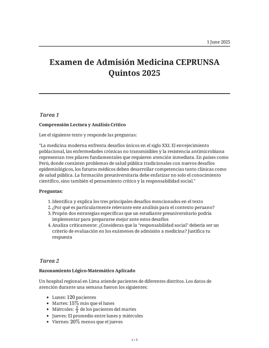 Examen de Admisión Medicina CEPRUNSA Quintos 2025