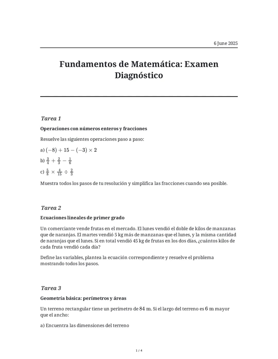 Fundamentos de Matemática: Examen Diagnóstico
