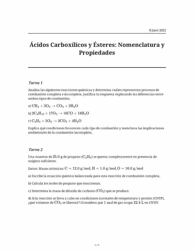 # Ácidos Carboxílicos y Ésteres: Nomenclatura y Propiedades

8 June 2025

## Tarea 1
Analiza las siguientes reacciones químicas y determina 
