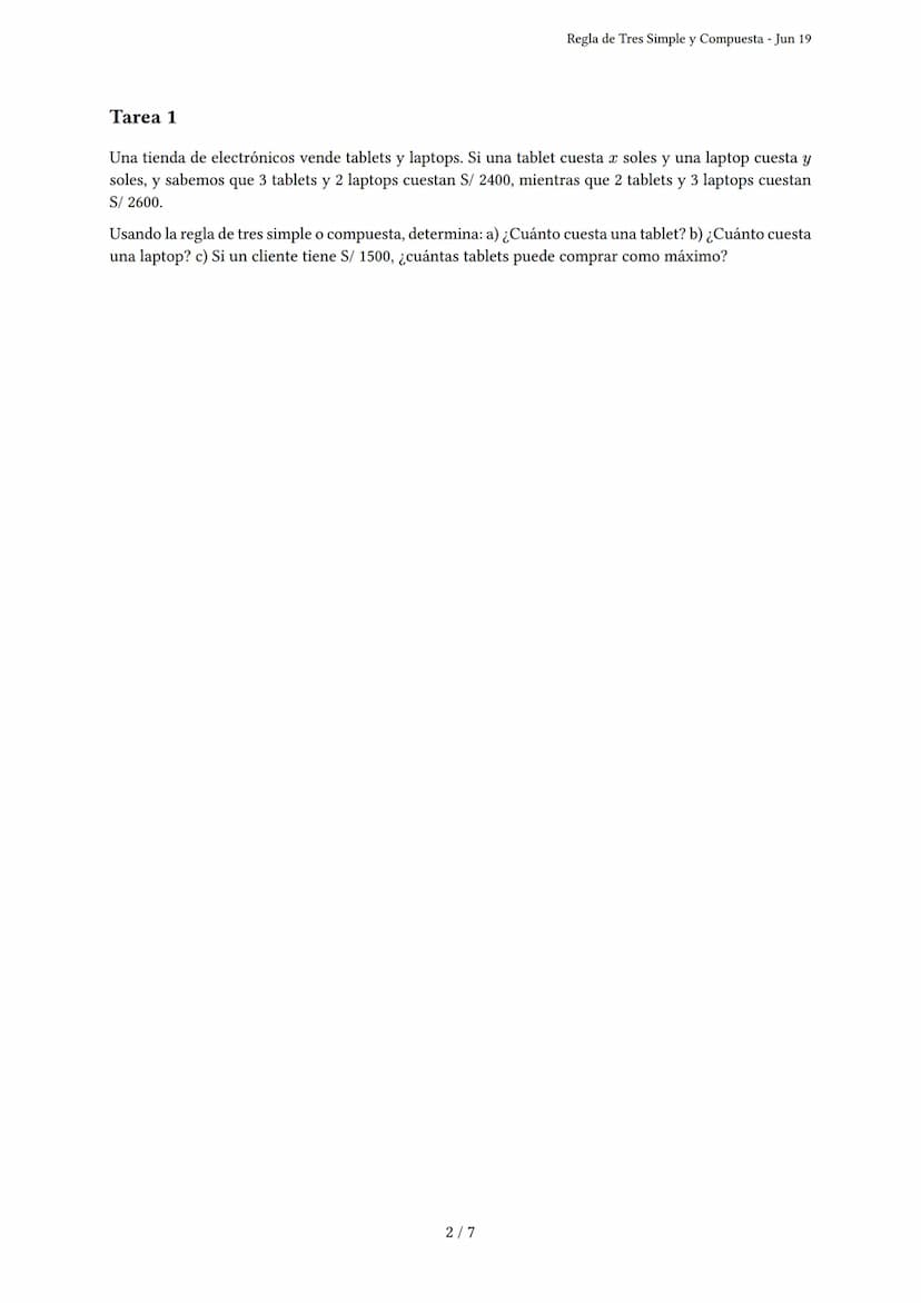 Regla de Tres Simple y Compuesta
Generado por serpy - Jun 19
Descripción: El examen evalúa la aplicación de regla de tres simple y compuesta