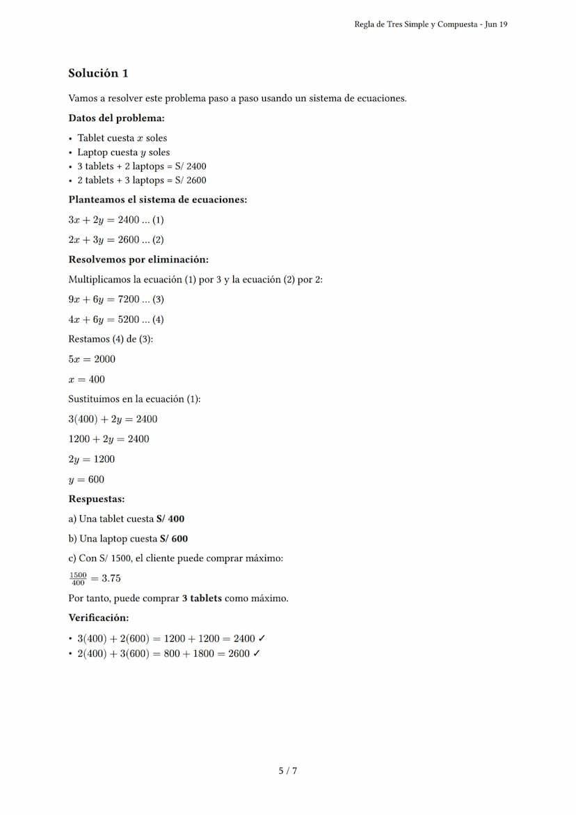 Regla de Tres Simple y Compuesta
Generado por serpy - Jun 19
Descripción: El examen evalúa la aplicación de regla de tres simple y compuesta
