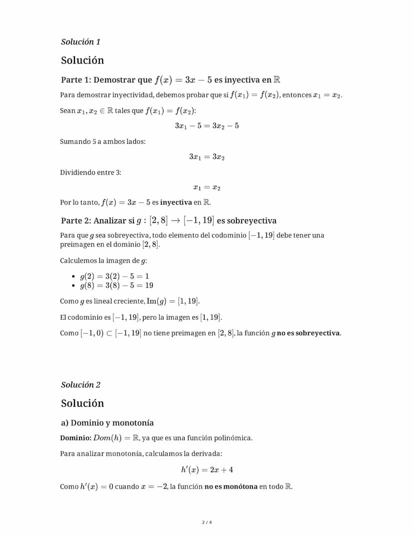 9 June 2025
Análisis de Funciones Reales Especiales
Tarea 1
Dada la función f(x) = 3x - 5, demuestra algebraicamente si esta función es inye