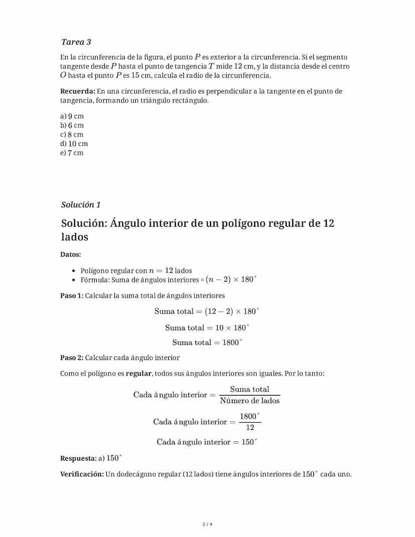 9 June 2025
Geometría: Polígonos, Trapecios, Tangencias y
Perímetros
Tarea 1
Un polígono regular tiene 12 lados. Calcula la medida de cada á